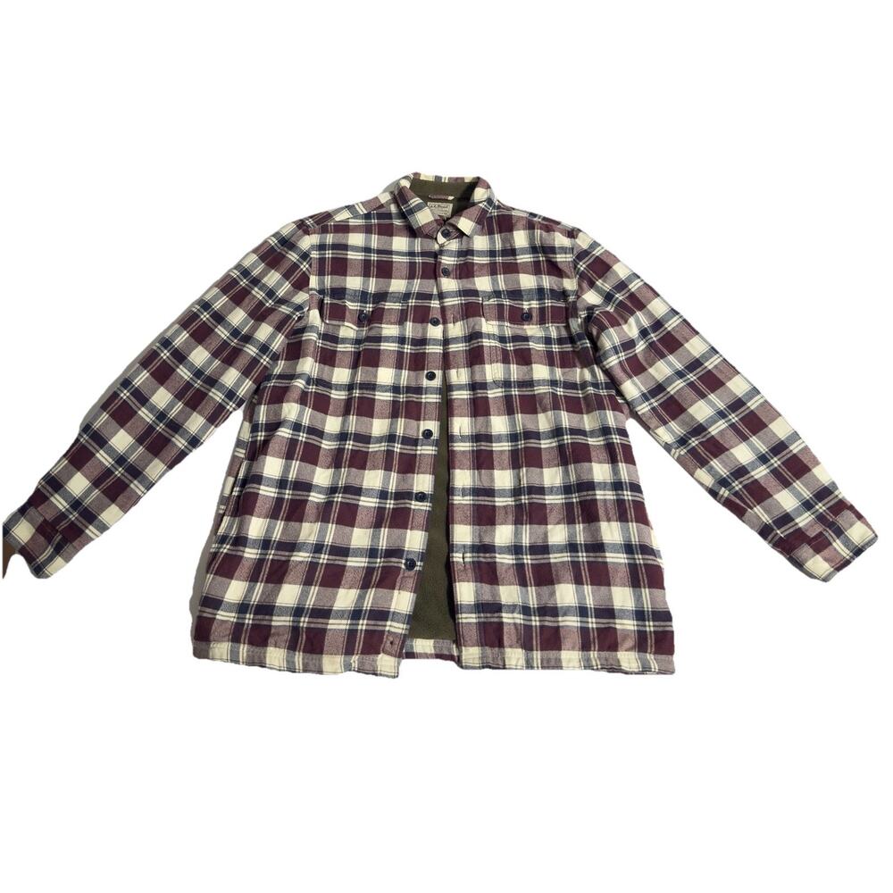 LL Bean Red Blue Plaid Cotton Green Fleece Lined Button Up Shirt Jacket Men’s M